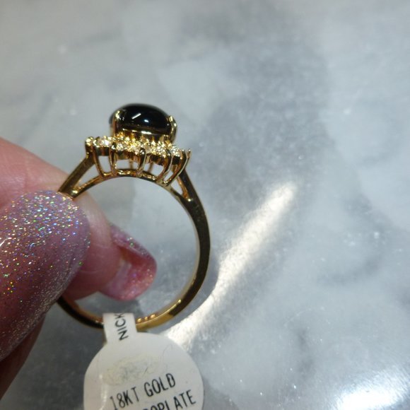 18k Yellow Gold EP Onyx Halo Swarovski Crystal Dolphin Ore Ring - Picture 2 of 11